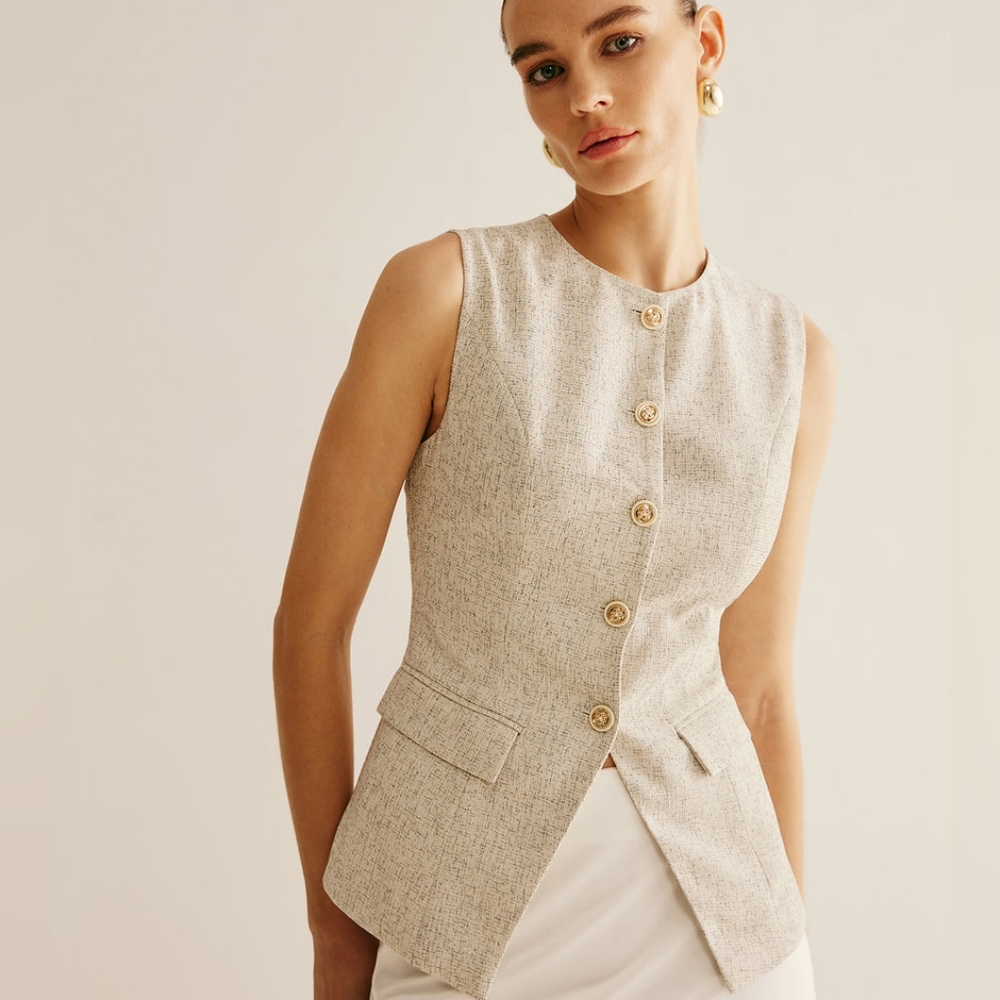 Commense Elegant Breasted Piping Split Vest - Beige - Small